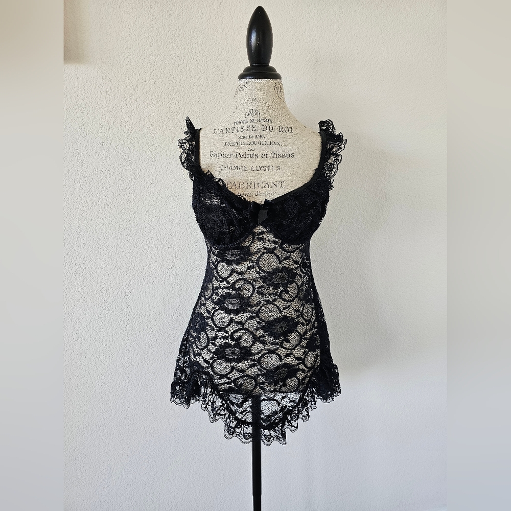 Just Sexy Black Sheer Floral Lace Babydoll Ruffle Trim Underwire Teddy Large